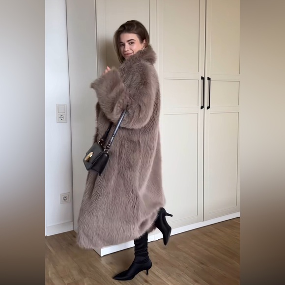 ZARA TAUPE GRAY LONG FAUX FUR COAT - Picture 8 of 16